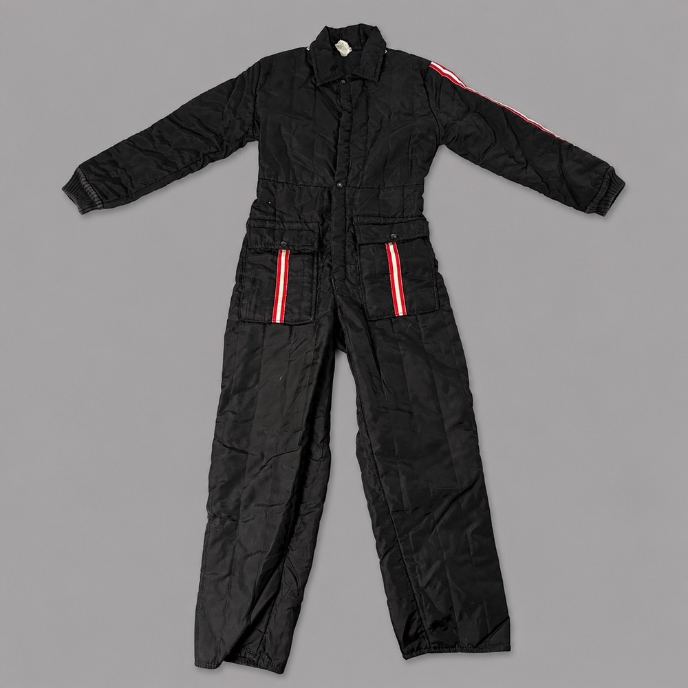 Vintage Kids Insulated Snow Suit Black Red White Stripe Quilted Ski Coveralls